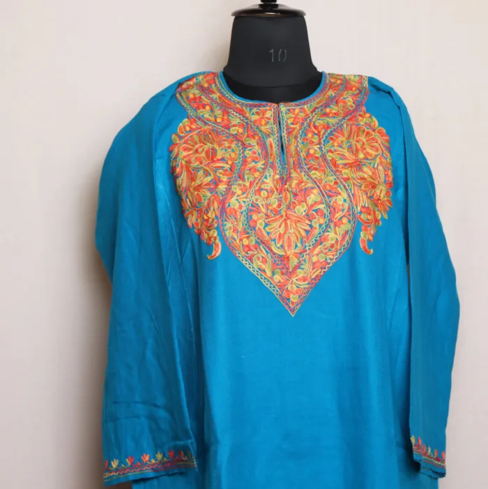 Blue Aari Embroidered Pheran in Cashmilon | Gul-e-Hawal Collection