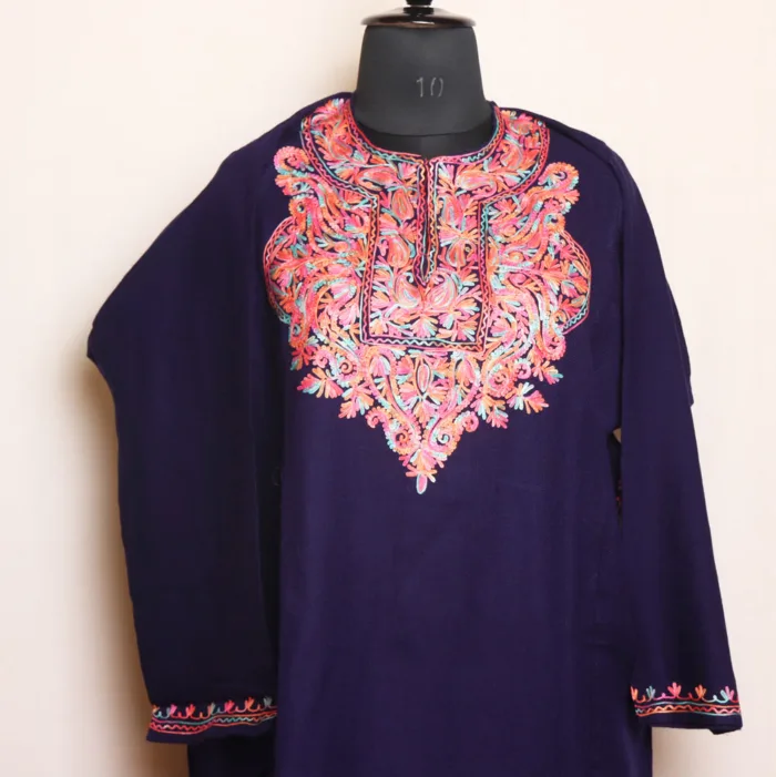 Navy Blue Cashmilon Pheran with Elegent Aari Work | Gul-e-Hawal Collection