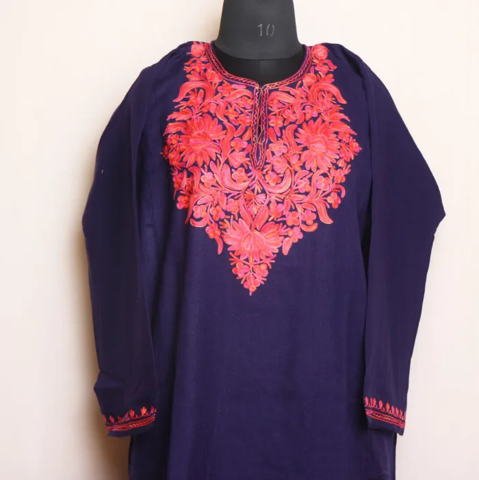 Navy Blue Cashmilon Pheran with Aari Embroidery | Gul-e-Hawal Collection