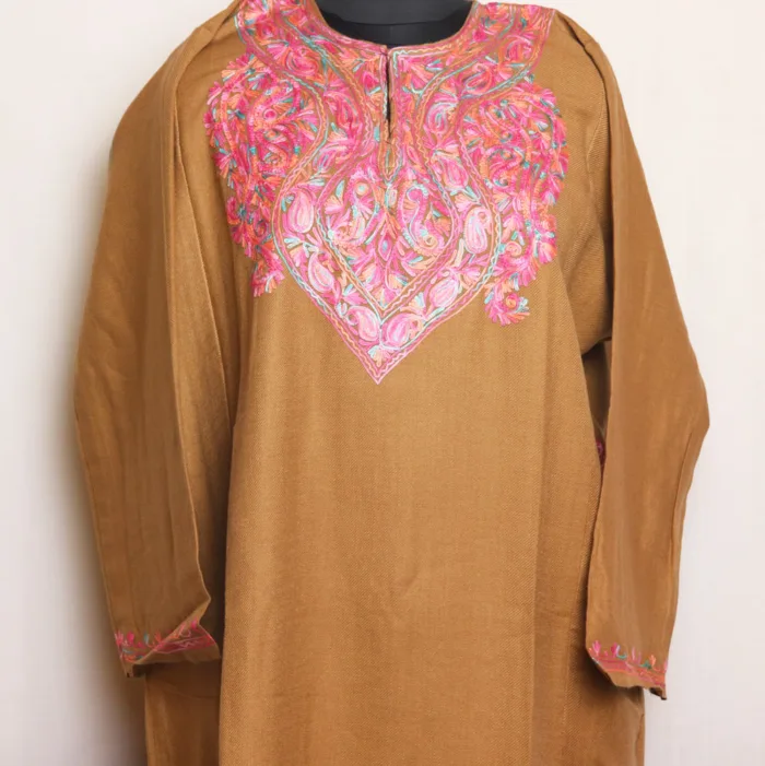 Soft Beige Cashmilon Pheran with Elegant Aari Work | Gul-e-Hawal Collection