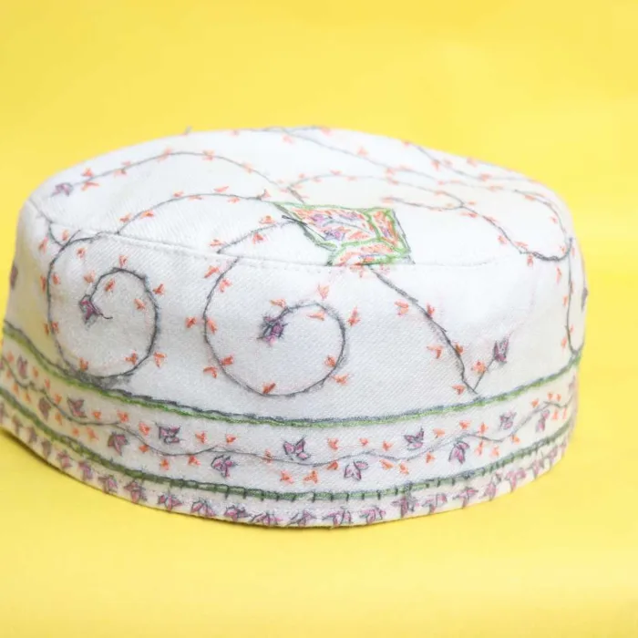 Rafique Toosha White and Green Cap with Timeless Sozni Kashmiri Work | Double Border