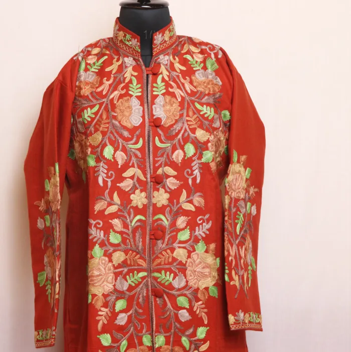 Rust Brick Tulip Coat with Elegent Aari Embroidery - Kashaf Collection - Image 2