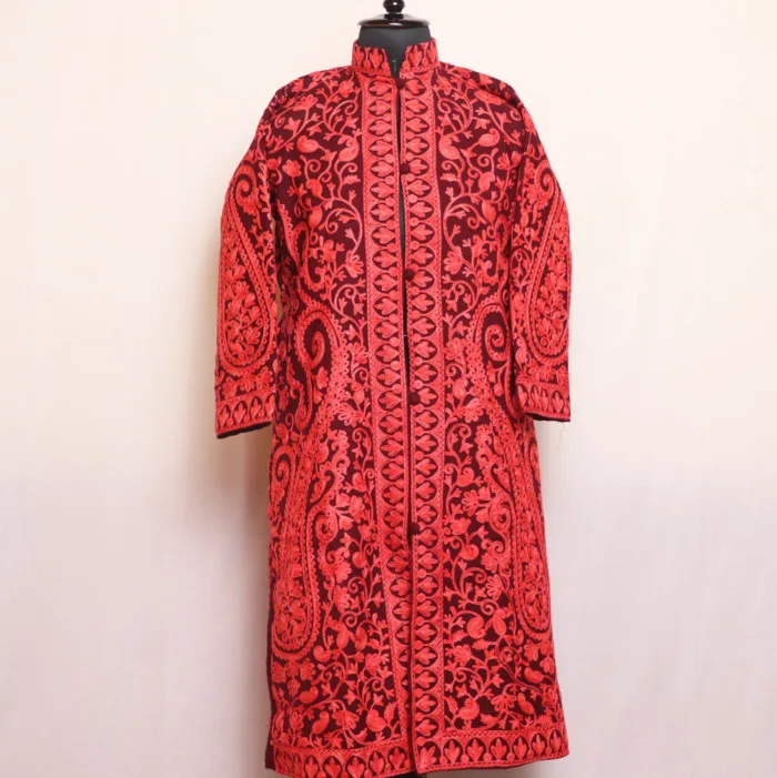 Soft Wine Big Paisley Jaal Coat with Aari - Kashaf Collection