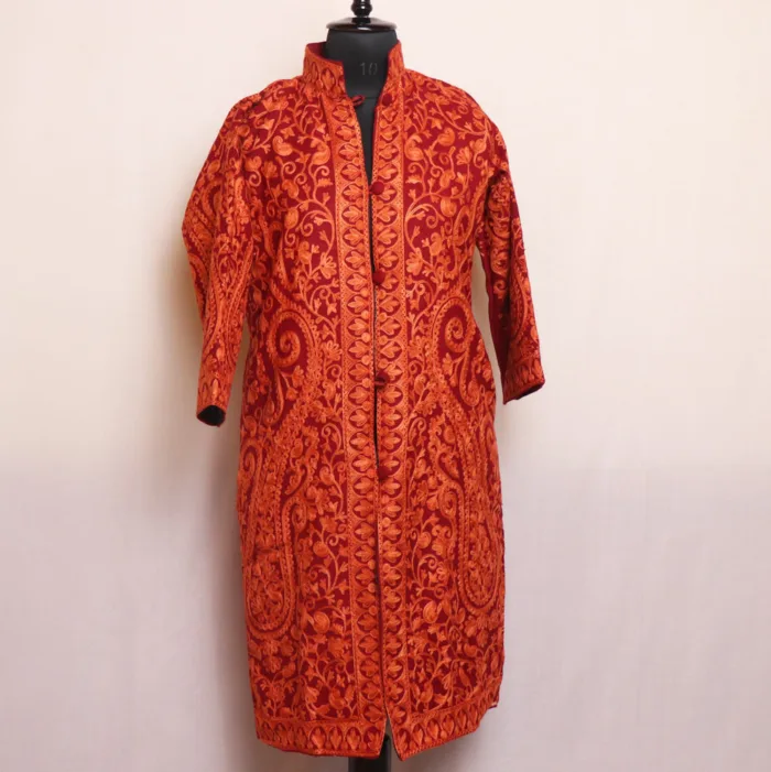 Elegant Maroon Big Paisley Jaal Coat with Aari Embroidery - Kashaf Collection