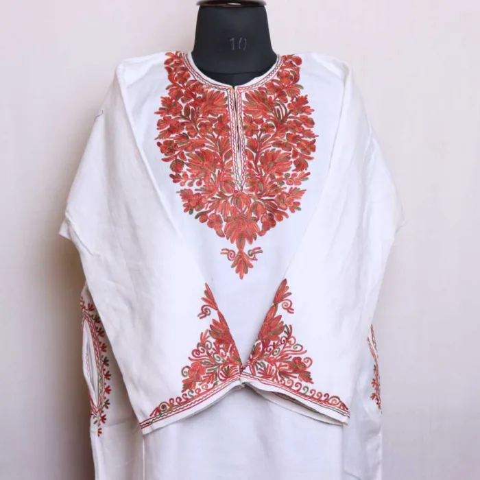 Classic White Cashmilon Pheran with Aari Sleeve Embroidery | Gul-e-Hawal Collection