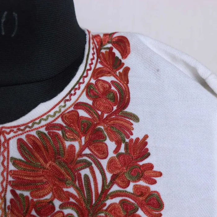 Classic White Cashmilon Pheran with Aari Sleeve Embroidery | Gul-e-Hawal Collection - Image 3