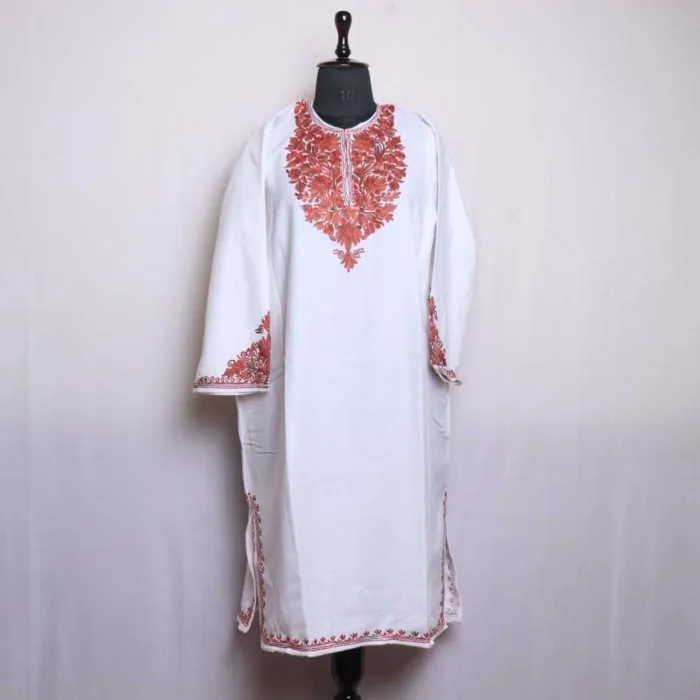 Classic White Cashmilon Pheran with Aari Sleeve Embroidery | Gul-e-Hawal Collection - Image 2