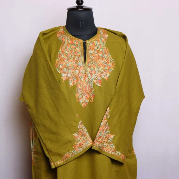 Elegant Mehndi Green Cashmilon Pheran with Elegent Sleeve Embroidery | Gul-e-Hawal Collection