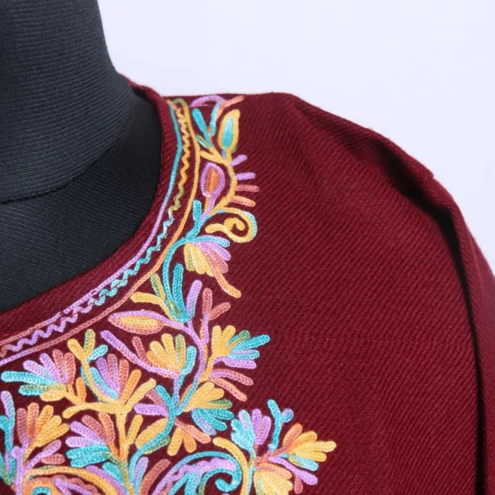 Maroon Cashmilon Pheran with Artistic Sleeve Embroidery | Gul-e-Hawal Collection - Image 3