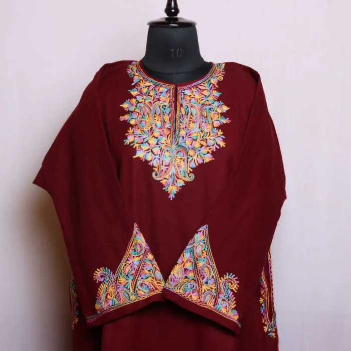 Maroon Cashmilon Pheran with Artistic Sleeve Embroidery | Gul-e-Hawal Collection