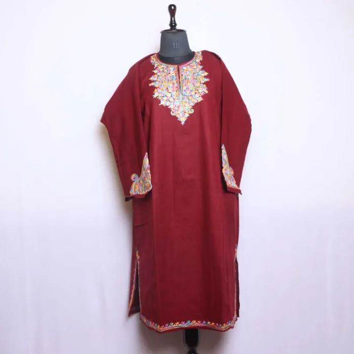 Maroon Cashmilon Pheran with Artistic Sleeve Embroidery | Gul-e-Hawal Collection - Image 2