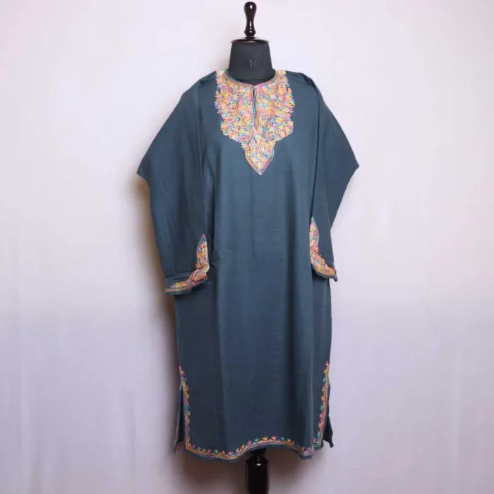 Teal Blue Cashmilon Pheran with Exquisite Sleeve Embroidery | Gul-e-Hawal Collection - Image 2