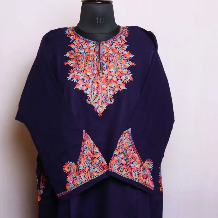 Navy Blue Cashmilon Pheran with Aari Sleeve Embroidery | Gul-e-Hawal Collection