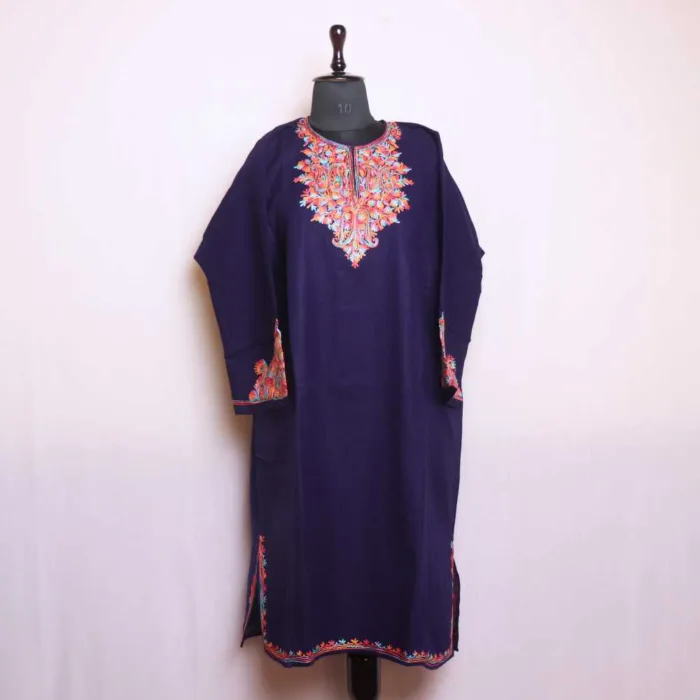 Navy Blue Cashmilon Pheran with Aari Sleeve Embroidery | Gul-e-Hawal Collection - Image 2