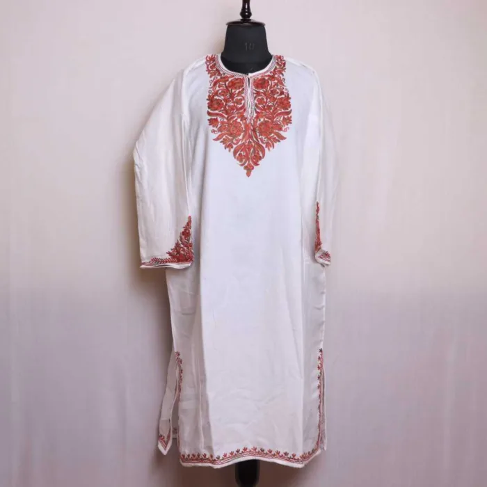 White Cashmilon Pheran with Elegent Sleeve Embroidery | Gul-e-Hawal Collection - Image 2