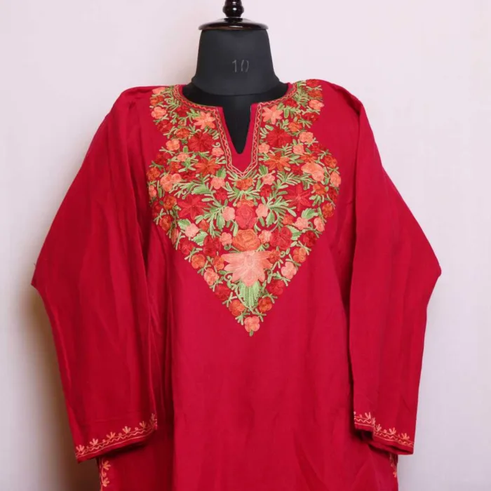 Elegant Dark Pink Cashmilon Pheran with Aari Work - Munawarabaad Collection