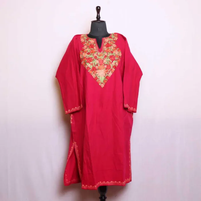 Elegant Dark Pink Cashmilon Pheran with Aari Work - Munawarabaad Collection - Image 2