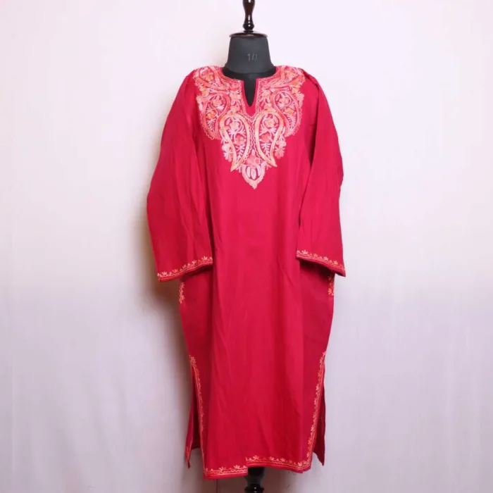 Classic Hot Pink Cashmilon Pheran with Adorable Aari Embroidery - Munawarabaad Collection - Image 2