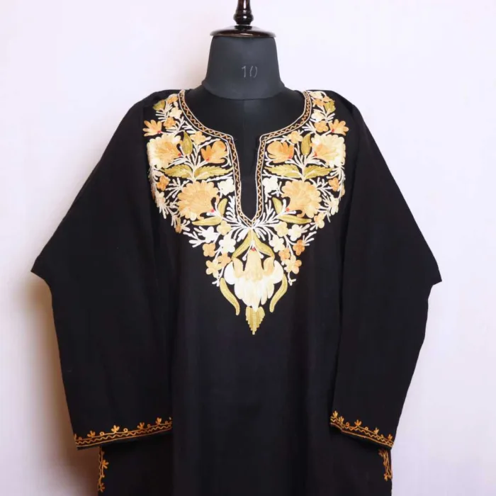 Black Cashmilon Pheran with Beautiful Aari Patterns - Munawarabaad Collection