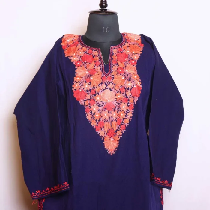 Navy Blue Cashmilon Pheran Showcasing Elegant Aari Designs - Munawarabaad Collection