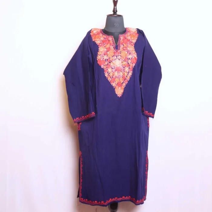 Navy Blue Cashmilon Pheran Showcasing Elegant Aari Designs - Munawarabaad Collection - Image 2