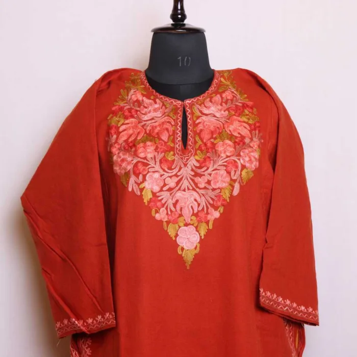 Rustic Cashmilon Pheran with Artistic Aari Embroidery - Munawarabaad Collection