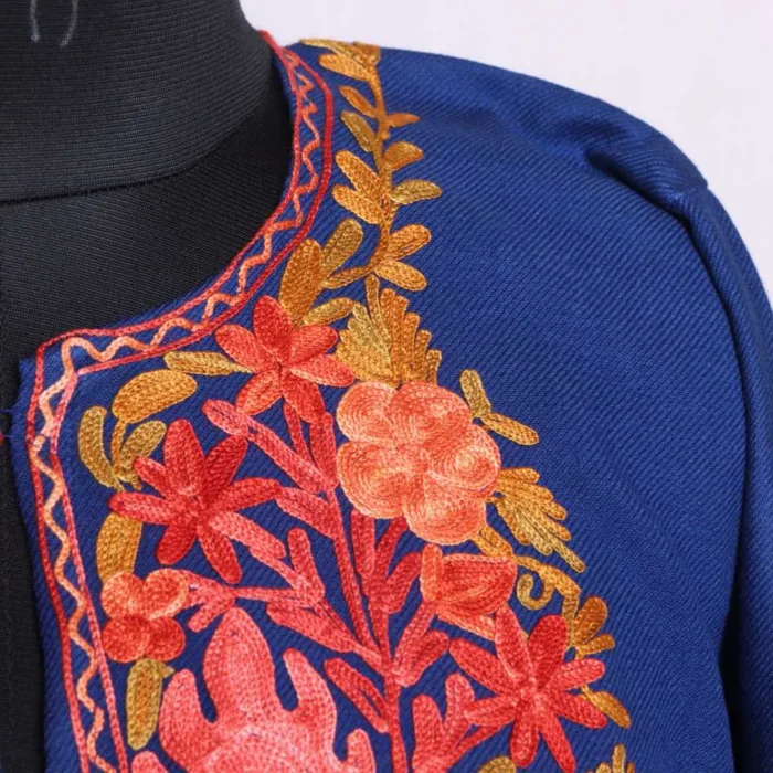 Royal Blue Cashmilon Pheran with Exquisite Aari Embroidery - Munawarabaad Collection - Image 3