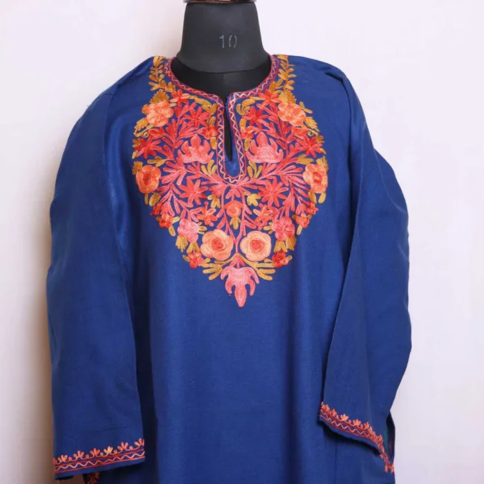 Royal Blue Cashmilon Pheran with Exquisite Aari Embroidery - Munawarabaad Collection