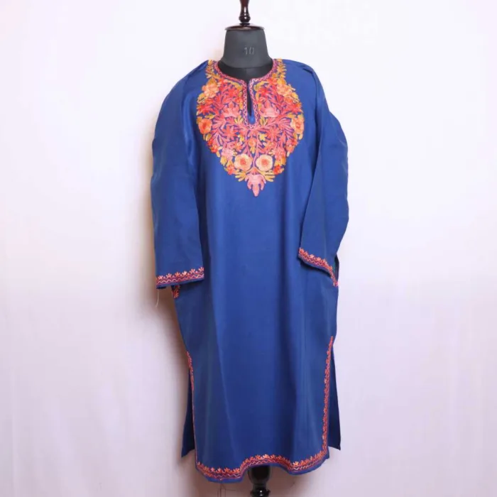 Royal Blue Cashmilon Pheran with Exquisite Aari Embroidery - Munawarabaad Collection - Image 2