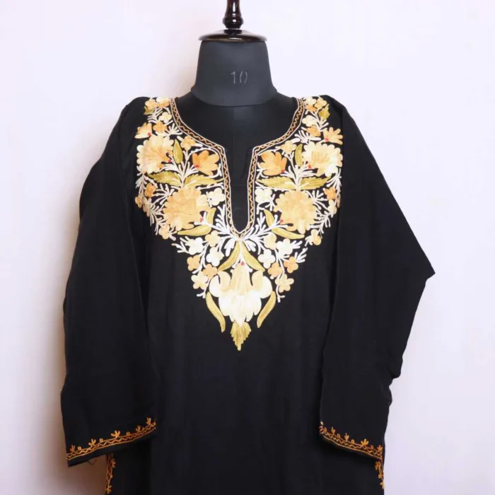 Sophisticated Black Cashmilon Pheran with Unique Aari Work - Munawarabaad Collection