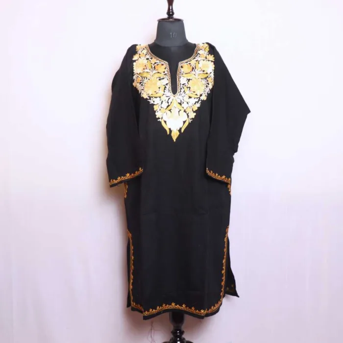 Sophisticated Black Cashmilon Pheran with Unique Aari Work - Munawarabaad Collection - Image 2