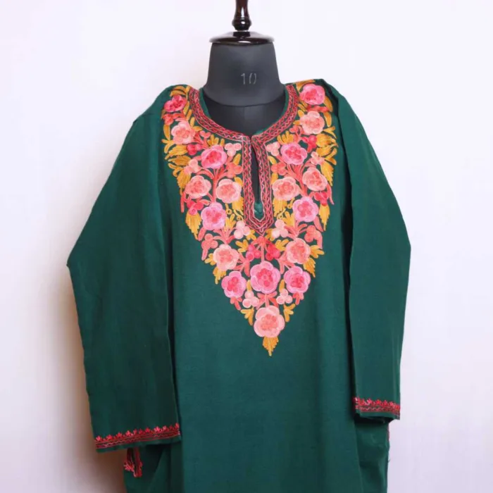 Dark Green Cashmilon Pheran with Timeless Aari Patterns - Munaawarabad Collection