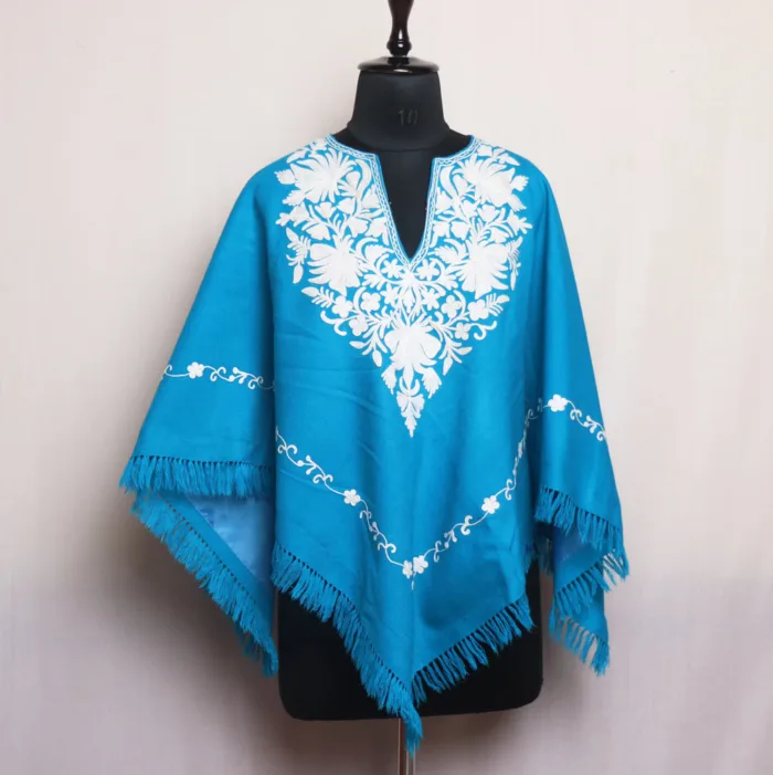 Lightweight Blue Aari Embroidered Winter Poncho for Girls - Parvana Collection