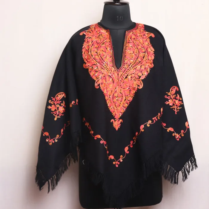 Adorable Black Aari Embroidered Winter Poncho for Kids - Parvana Collection