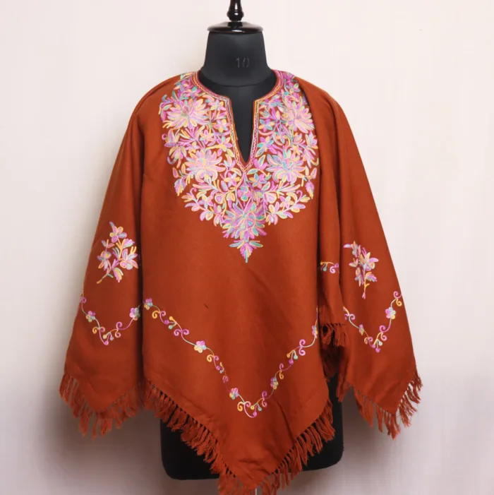 Rust Brown Warm Girls’ Poncho with Aari Embroidery - Parvana Collection