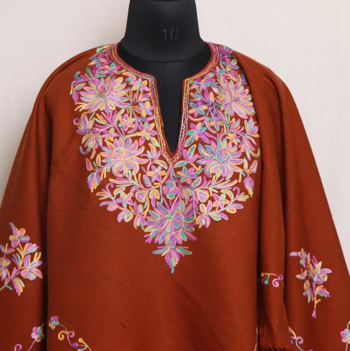 Rust Brown Warm Girls’ Poncho with Aari Embroidery - Parvana Collection - Image 2