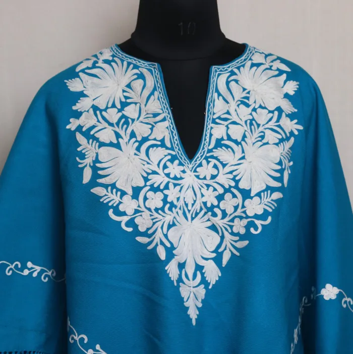 Lightweight Blue Aari Embroidered Winter Poncho for Girls - Parvana Collection - Image 2