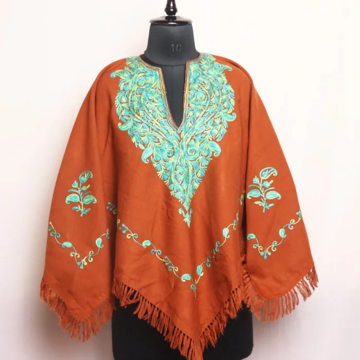 Rust Aari Embroidered Poncho for Winter Season - Parvana Collection