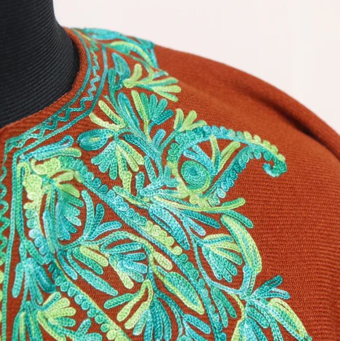 Rust Aari Embroidered Poncho for Winter Season - Parvana Collection - Image 3