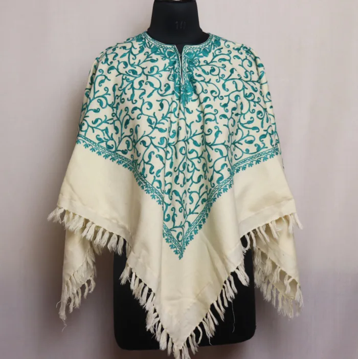 Elegant White Winter Poncho with Jaal Aari Embroidery for Girls - Parvana Collection