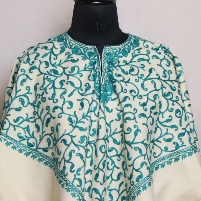 Elegant White Winter Poncho with Jaal Aari Embroidery for Girls - Parvana Collection - Image 2