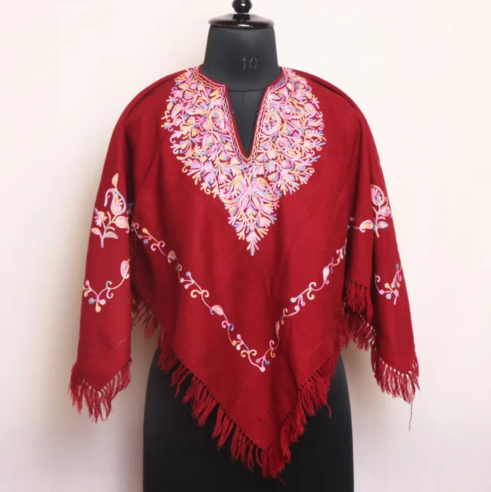 Cozy Maroon Winter Poncho with Aari Embroidery for Kids - Parvana Collection