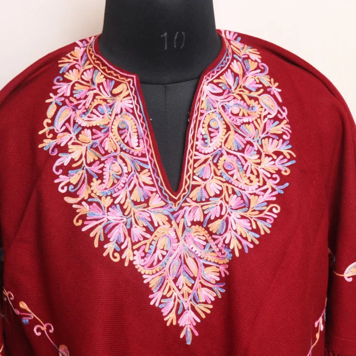 Cozy Maroon Winter Poncho with Aari Embroidery for Kids - Parvana Collection - Image 2