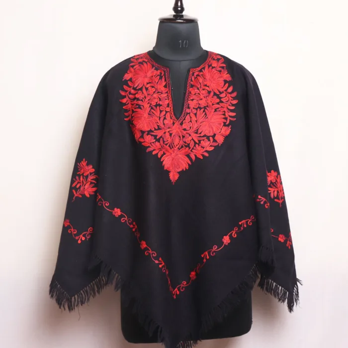 Girls’ Winter Black Poncho with Elegant Aari Work - Parvana Collection