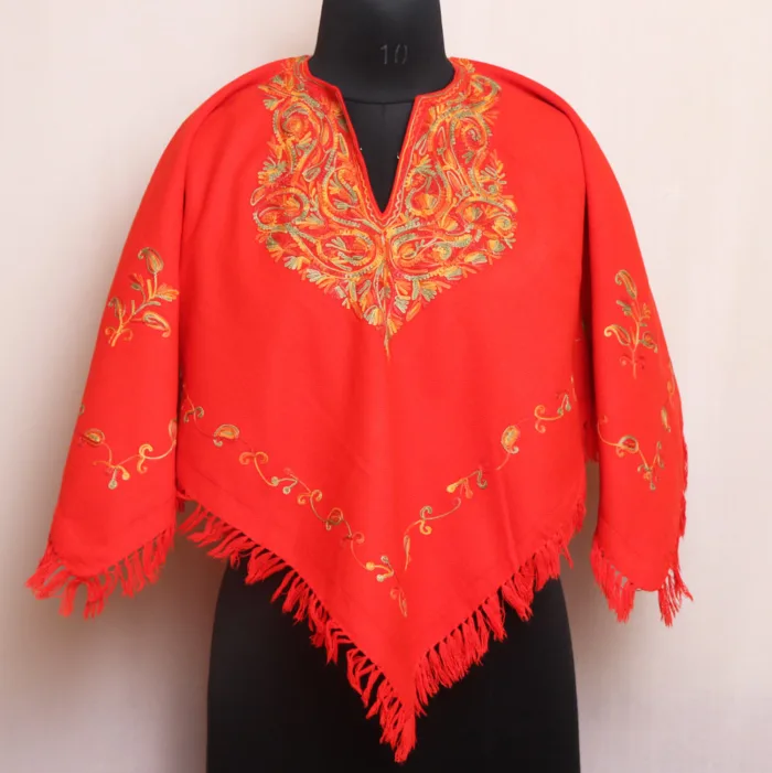 Lightweight Red Aari Embroidered Winter Poncho for Kids - Parvana Collection