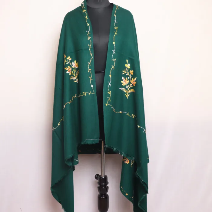 Dark Green Kashmiri Cashmilon Shawl with Intricate Hand Sozni Embroidery - Rutba Collection