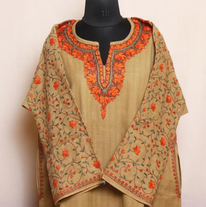 Elegant Raffal Pheran with Jaal Sleeve Embroidery and Hand Sozni Work -Rehnuma Collection