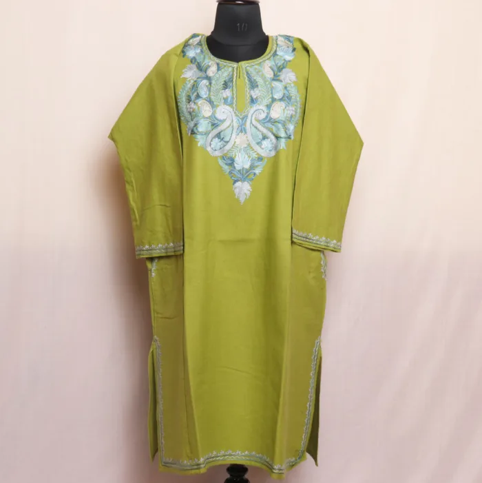 Green Cashmilon Pheran | Feran with Aari Embroidery Details - Meer Collection - Image 2