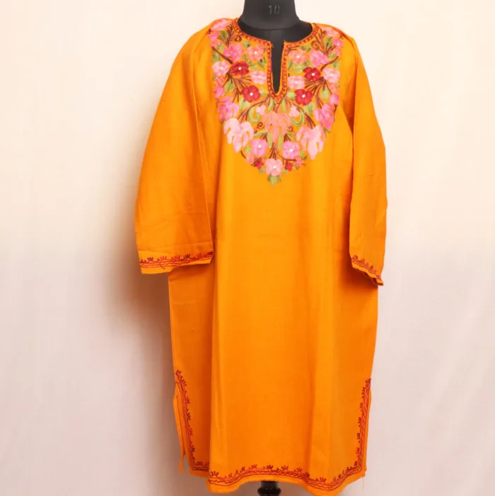 Mustard Aari Embroidered Cashmilon Pheran | Feran - Meer Collection - Image 2