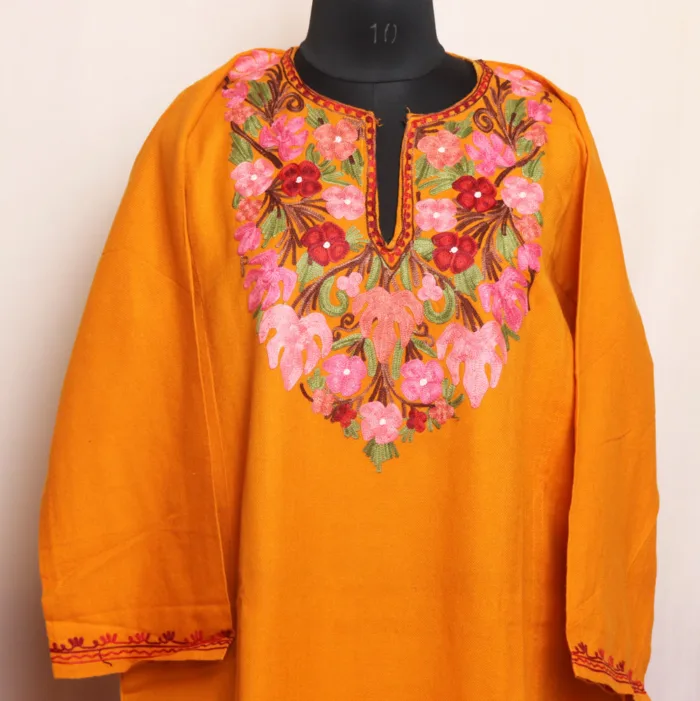 Mustard Aari Embroidered Cashmilon Pheran | Feran - Meer Collection